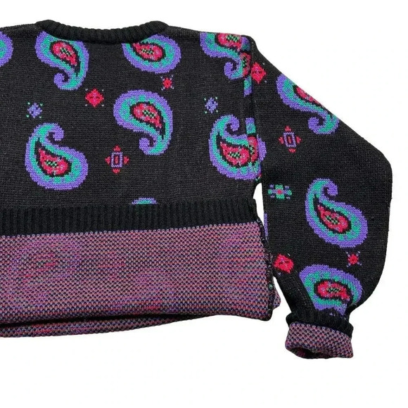 Vintage 80s Black Paisley Neon Multi Colored Sweater Women’s Small Retro Vibrant - Picture 4 of 6